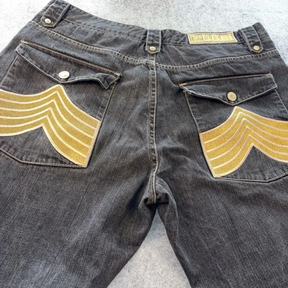 Coogi Jeans Mens 42x35 Black Denim Gold Studded Flap Pockets Patch Embroidered